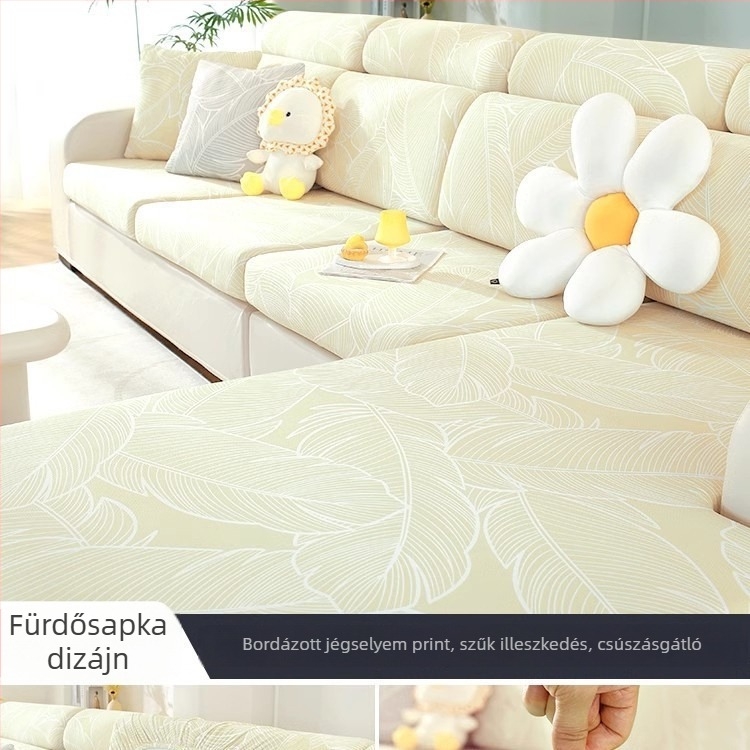 Nyári kanapévédő huzat, teljes lefedettség, univerzális méret, modern minimalista stílus, rugalmas, hűsítő ice silk anyag, levél és csíkos mintázattal