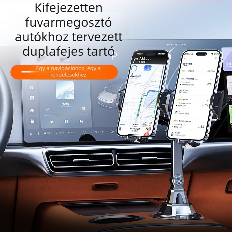 Új, kettős fejű autós pohártartó telefonhoz, állítható gömbfejű tartóval