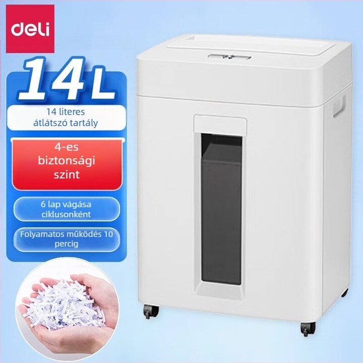Deli 9920_ 4 szintű biztonsági papírtörő iroda és otthoni használatra, átlátszó tartály, erős, 6 oldalat egyszerre vág, 14 L