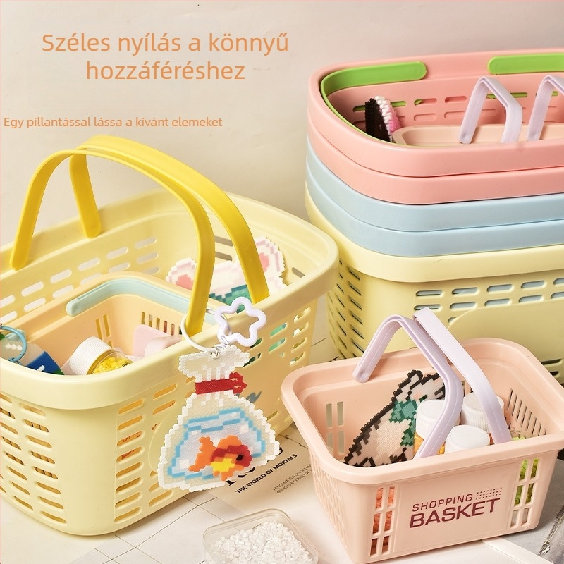 Macaron színű műanyag tárolókosár DIY kézműves anyagokhoz, hordozható leeresztő kosár