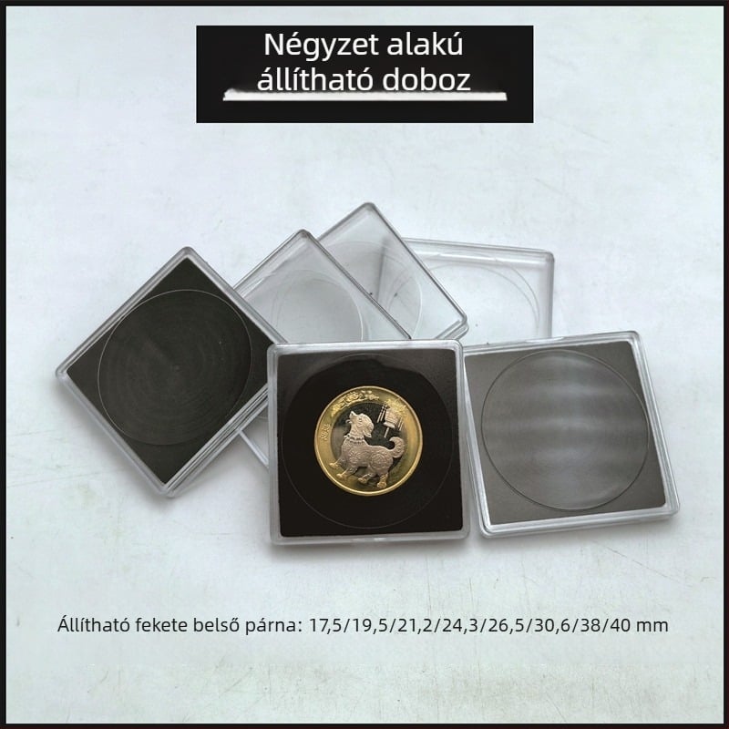 40 mm-es négyzet alakú érme tároló doboz állítható rekeszekkel, tartalmaz érme kapszulát