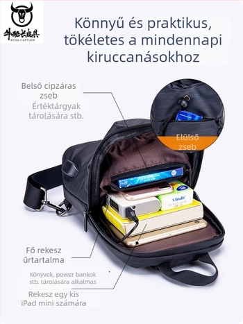 Férfi Oxford anyagú mellkas táska palacktartóval, USB-porttal, hétköznapi crossbody, 8 hüvelykes eszköz zseb