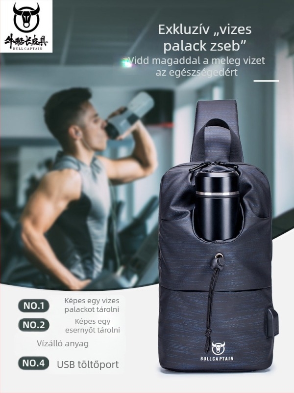 Férfi Oxford anyagú mellkas táska palacktartóval, USB-porttal, hétköznapi crossbody, 8 hüvelykes eszköz zseb