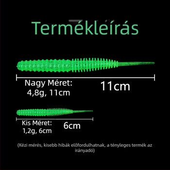 Tűfarokkal ellátott puha csali, bordázott, 6 cm vagy 11 cm hosszú, könnyed mozgású féreg, édesvízi csalihalas, egyszínű vagy kétszínű