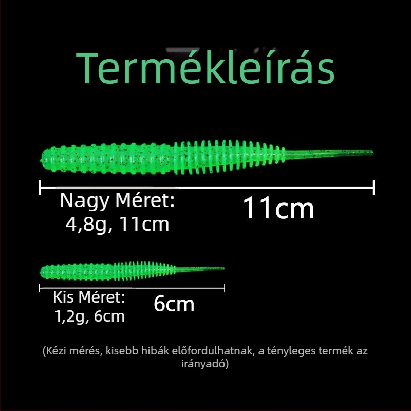 Tűfarokkal ellátott puha csali, bordázott, 6 cm vagy 11 cm hosszú, könnyed mozgású féreg, édesvízi csalihalas, egyszínű vagy kétszínű