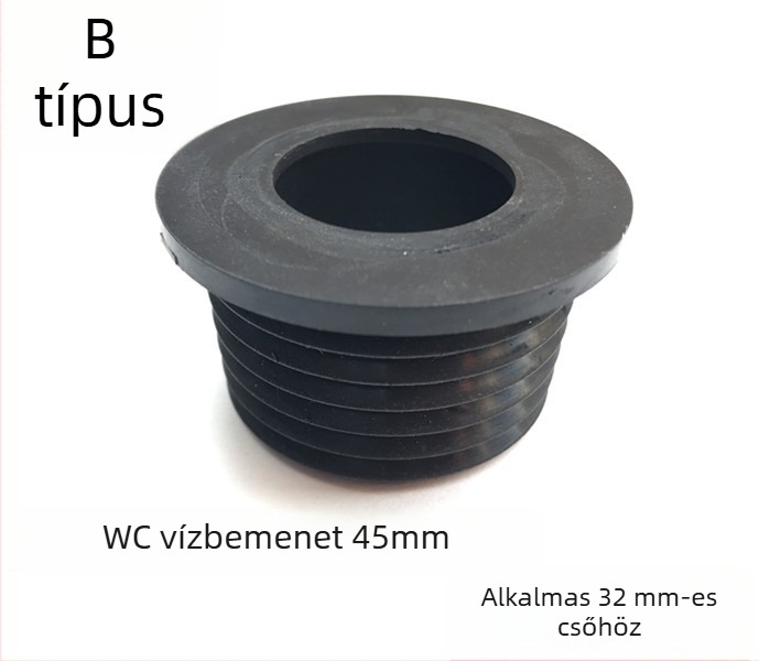 Gumi tömítés guggoló WC-hez: vízbevezető cső és öblítő szelep, 32 mm-es cső, 1 hüvelykes csatlakozó, 45 mm-es kioldó átmérő