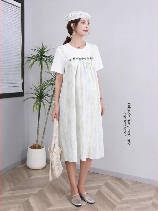 Plusz méretű terhes ruha pántokkal, tie-dye mintázat, laza szabás, pocakfedés, késői terhesség, A-vonalú midi