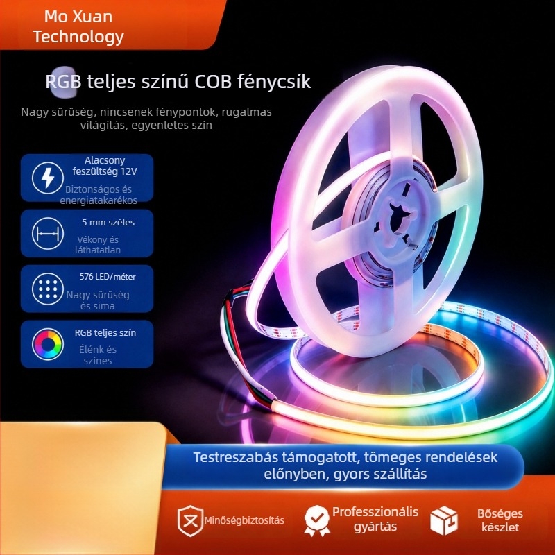 5 mm széles COB RGB LED-szalag, 576 LED/m, 12V, 14W/m, dimmelhető, távirányítóval, beltéri világítás