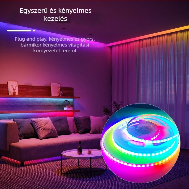 5 mm széles COB RGB LED-szalag, 576 LED/m, 12V, 14W/m, dimmelhető, távirányítóval, beltéri világítás