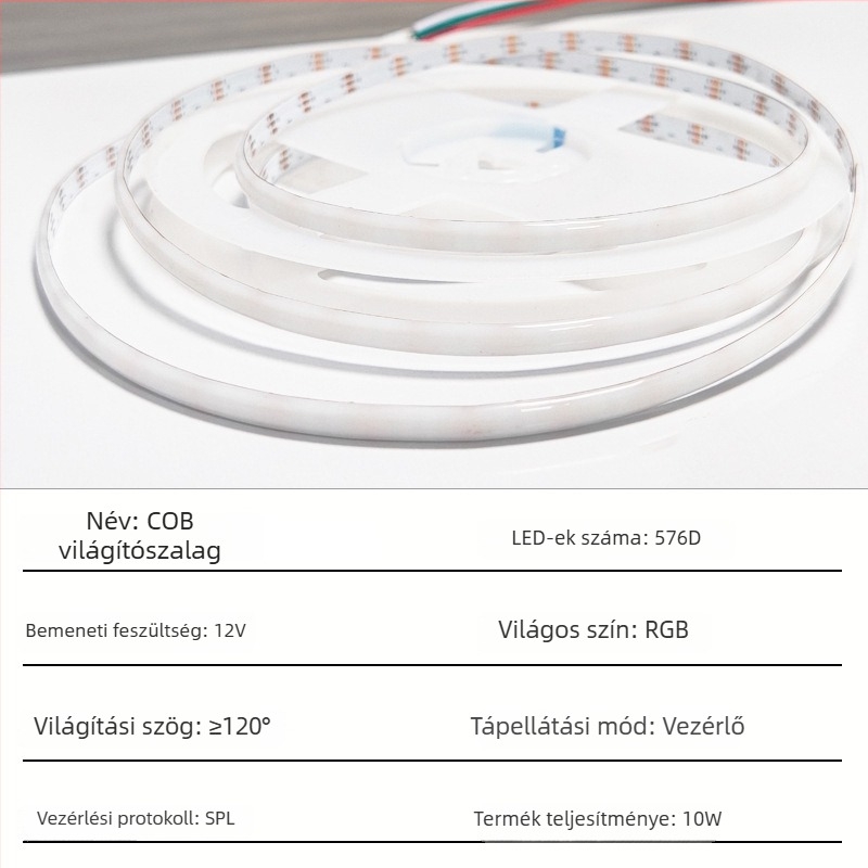 5 mm széles COB RGB LED-szalag, 576 LED/m, 12V, 14W/m, dimmelhető, távirányítóval, beltéri világítás