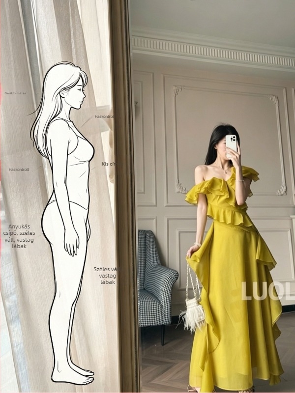 Napnyugta-sárga ruha, elegáns derékrész, éteri megjelenés, A-vonalú szabás, aszimmetrikus szélű, nőknek