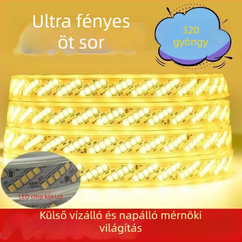 220V vízálló LED-szalag, 320 LED-del, nagy fényerő, öt sornyi diagonális elrendezés, beltéri világítás
