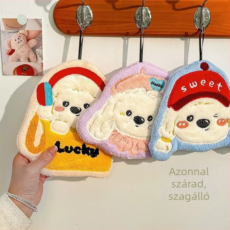 Karikatúra mintás korall fleece kéztörlő, akasztós, fürdőszobába és a konyhába