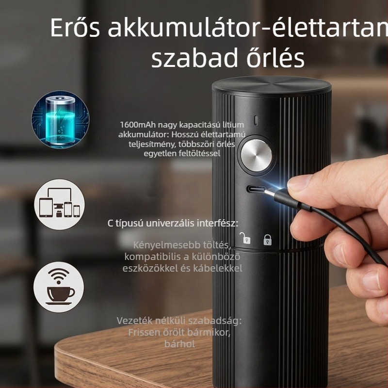 Hordozható, USB-újratölthető elektromos kávédaráló