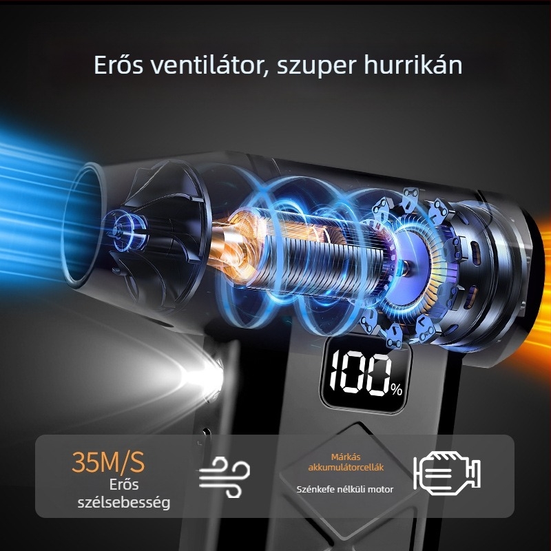 Kézi ventilátor brushless motorral, nagy sebességű turbina, kompakt kivitel, USB töltés, beépített 2000–4000 mAh akkumulátor, külső használatra