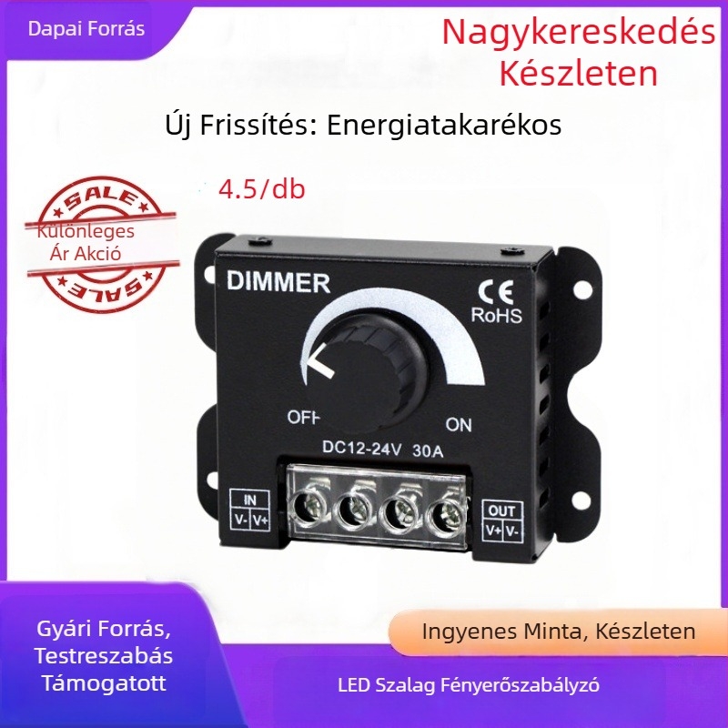 LED-szalag dimmer alacsony feszültséghez 5V/12V/24V, fénydobozok és világító betűk számára, fokozatmentes fényerő-szabályozás, vezérlő és kapcsoló