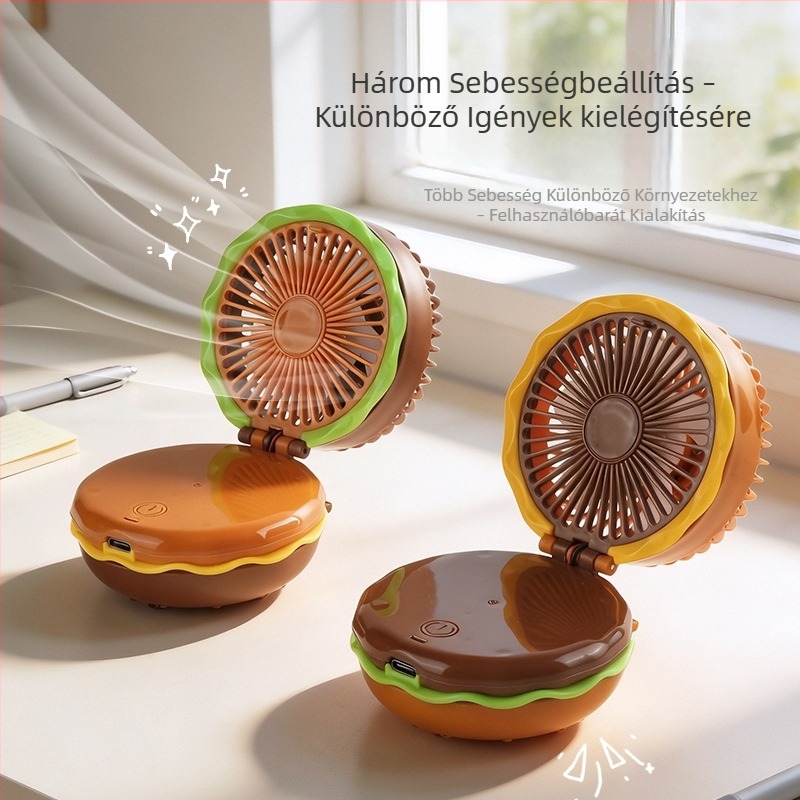 Hamburger formájú USB-töltésű mini kézi ventilátor irodai asztalra