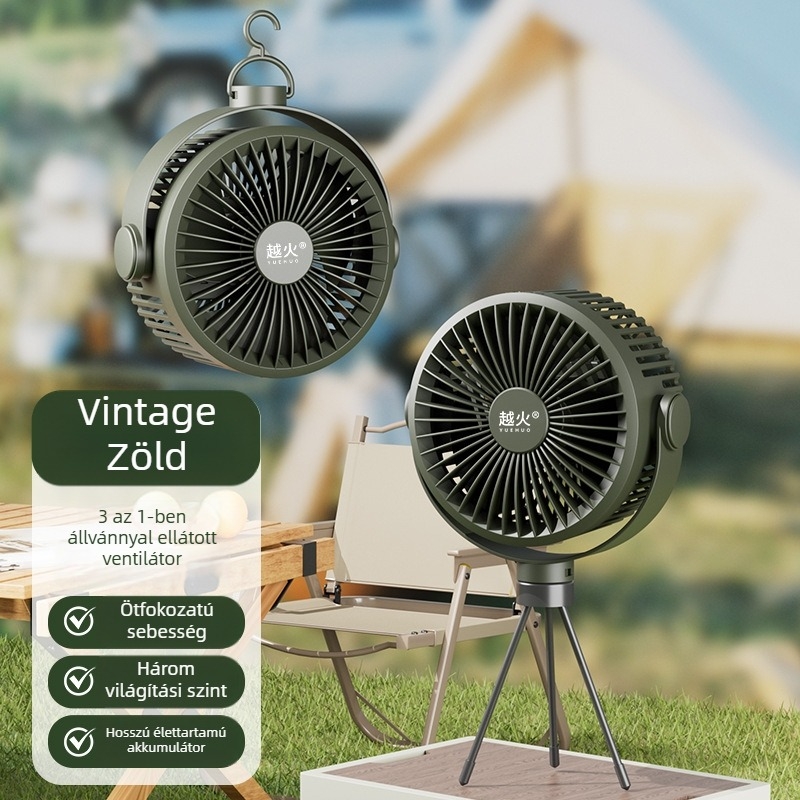 Alico lítium-ion akkumulátoros kültéri kemping ventilátor, beépített akkumulátor, 3 lapát, 5 fokozat, hordozható asztali/függő ventilátor