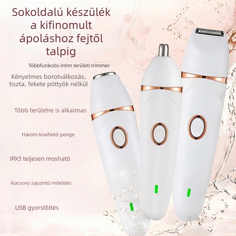 Női 3‑in‑1 szőrtelenítő készülék, teljes testen mosható, USB‑ról újratölthető, szőrtelenítés és orrszőrnyíró