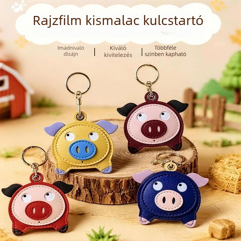 Bőr kulcstartó aranyos malackával, kulcsgyűrű és medál