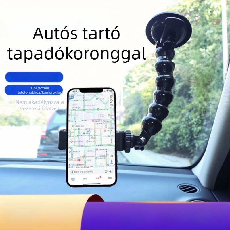 Autós telefontartó szívófejjel, rugalmas kígyó alakú karral, kompatibil okostelefonokkal és sportkamerákkal, a szélvédőre.