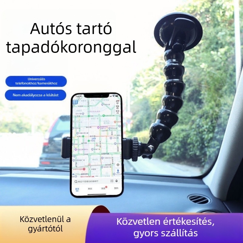 Autós telefontartó szívófejjel, rugalmas kígyó alakú karral, kompatibil okostelefonokkal és sportkamerákkal, a szélvédőre.