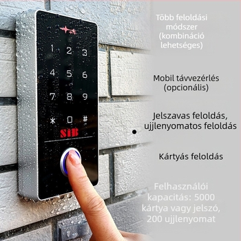 Kültéri vízálló ujjlenyomat-azonosító hozzáférés-vezérlő rendszer PIN-kóddal, ID-kártya olvasással és mobilalkalmazásos távoli ajtónyitással