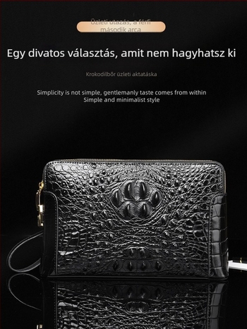 Valódi bőr krokodil mintás férfi clutch táska, több rekesz, jelszavas zár, dupla cipzár, lopás elleni védelem