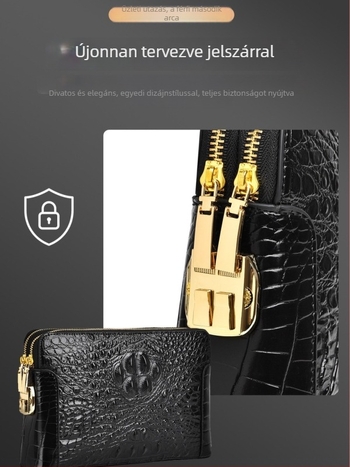 Valódi bőr krokodil mintás férfi clutch táska, több rekesz, jelszavas zár, dupla cipzár, lopás elleni védelem