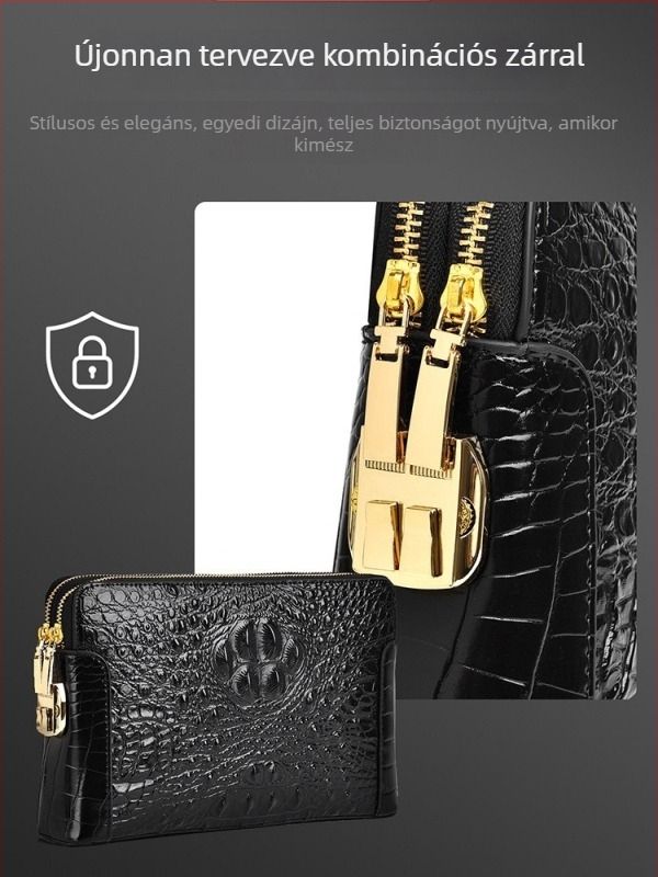 Valódi bőr krokodil mintás férfi clutch táska, több rekesz, jelszavas zár, dupla cipzár, lopás elleni védelem