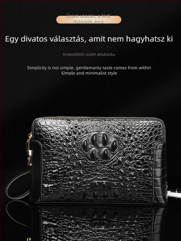 Valódi bőr krokodil mintás férfi clutch táska, több rekesz, jelszavas zár, dupla cipzár, lopás elleni védelem