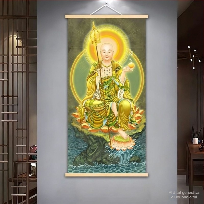 Ksitigarbha Bodhisattva függő festménye otthoni áhítathoz, Shakyamuni Buddha dekor a bejárati előtérbe