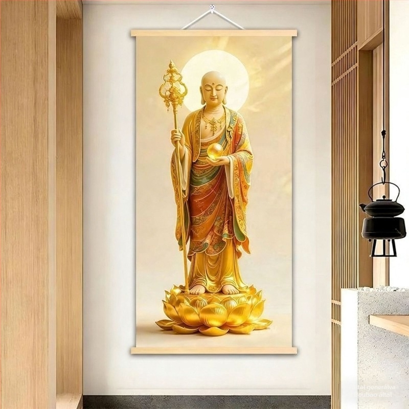 Ksitigarbha Bodhisattva függő festménye otthoni áhítathoz, Shakyamuni Buddha dekor a bejárati előtérbe