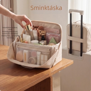 Bőr, álló sminktáska és kozmetikai tároló, nagy kapacitású, több rekeszes elrendezéssel