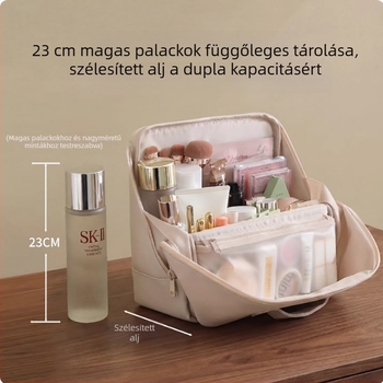 Bőr, álló sminktáska és kozmetikai tároló, nagy kapacitású, több rekeszes elrendezéssel