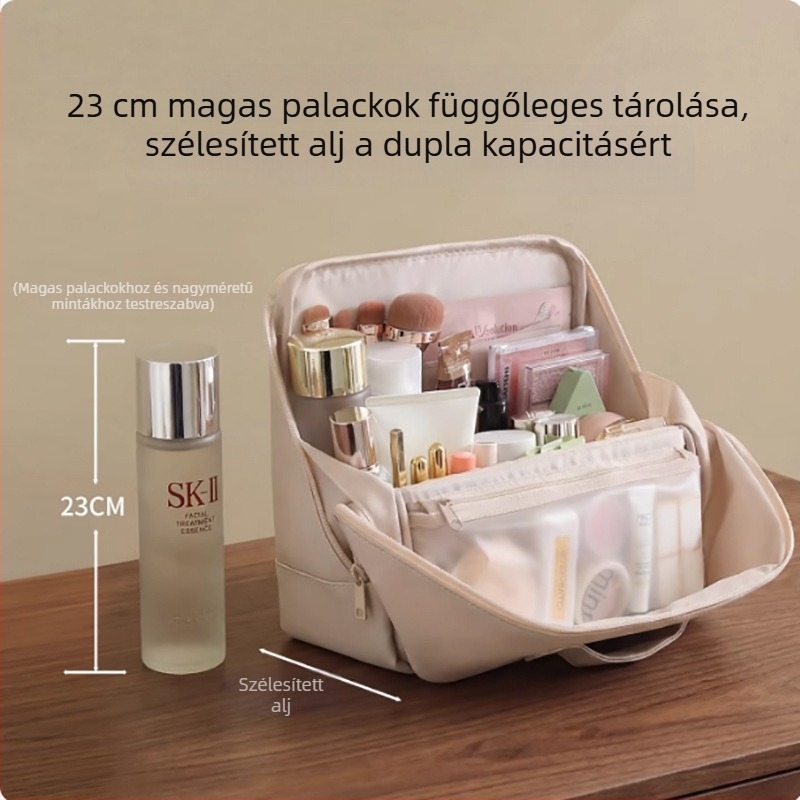 Bőr, álló sminktáska és kozmetikai tároló, nagy kapacitású, több rekeszes elrendezéssel