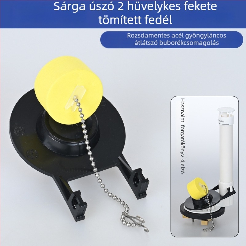WC-tartály kiegészítők: leeresztő szelep tömítéssel és fedéllel, 2 hüvelykes gumiból készült golyódugó, szeletring