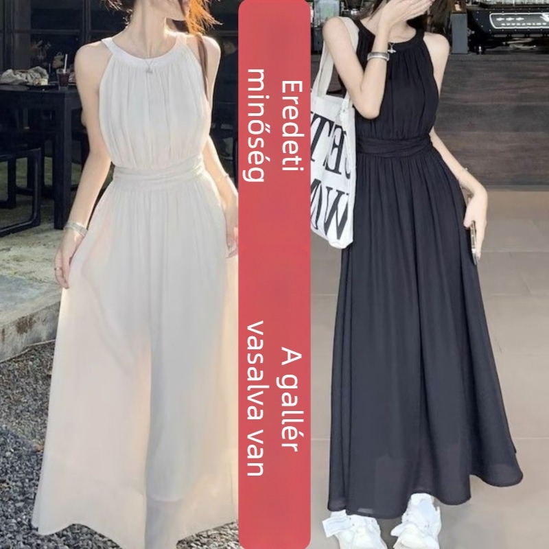 Chiffon anyagú halterneck ruha, kis méret, barack szín, ujjatlan, nyár, elegáns francia ihletésű stílus
