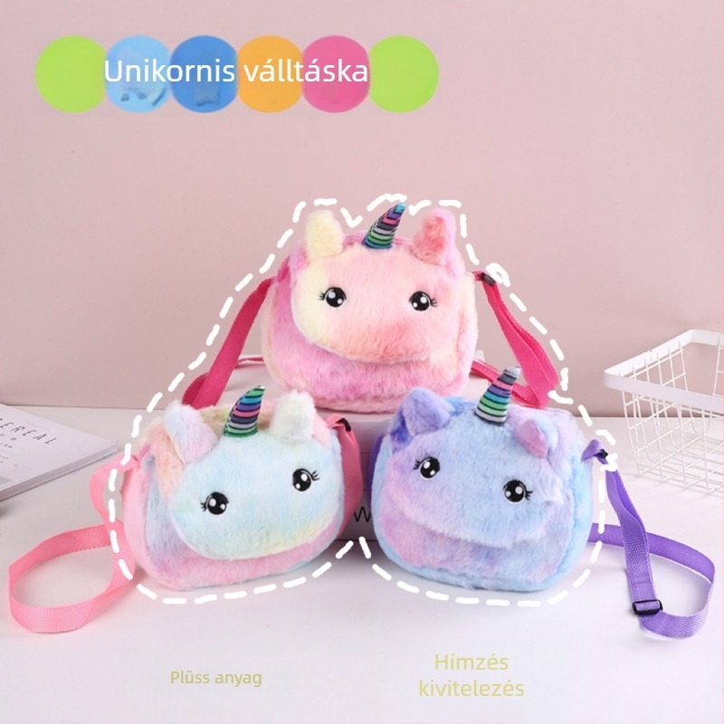 Gyerekeknek való plüss tie-dye unikornis crossbody táska, mini, aranyos, mindennapi használatra