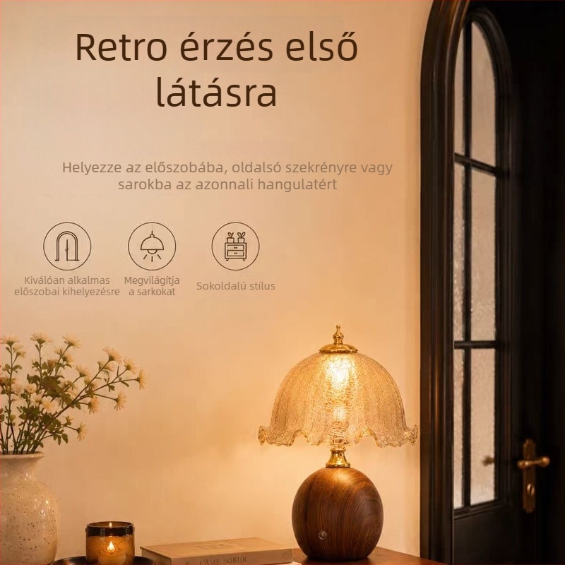 Amerikai retro asztali lámpa crackle glass-lámpabúrával, hálószoba és nappali számára, Bauhaus vintage stílusban