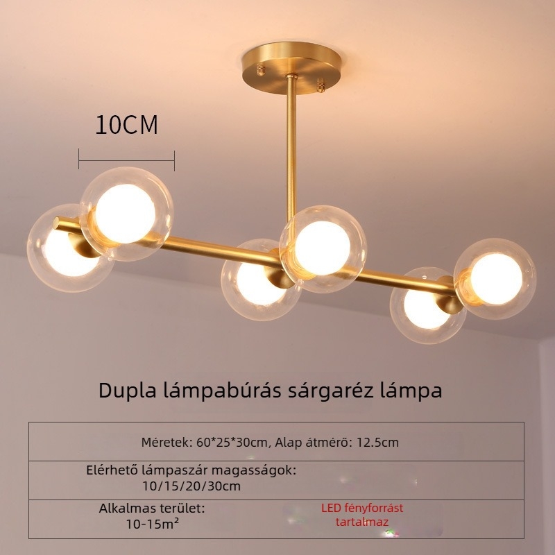 Téglalap alakú réz csillár, skandináv posztmodern design, LED többfejű függőlámpa