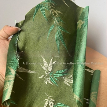 Zöld retro bambuszleveles lámpabura – DIY textile lámpához arany szegélyes csüngőkkel