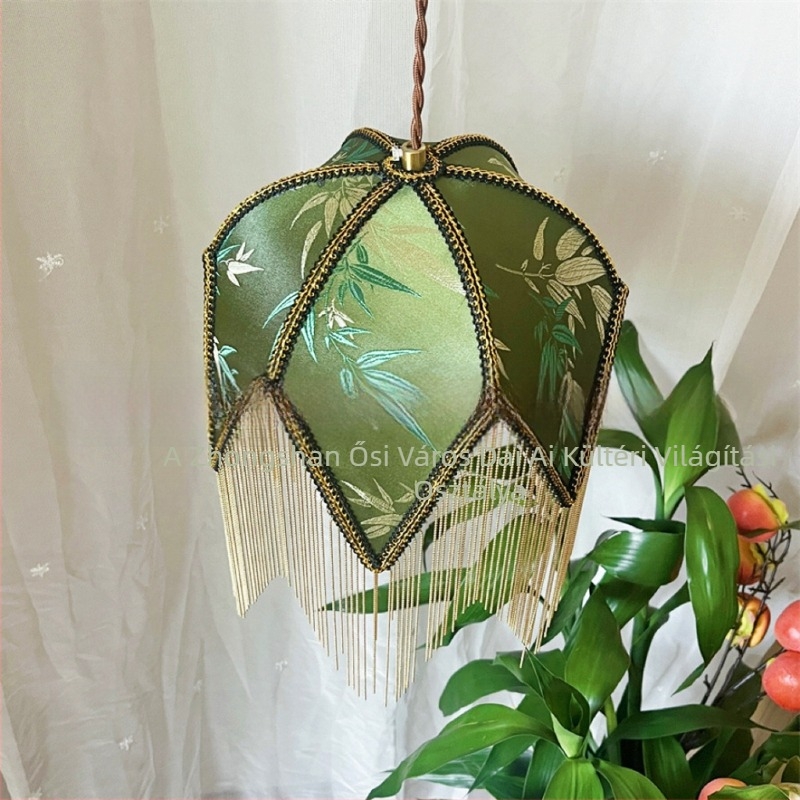 Zöld retro bambuszleveles lámpabura – DIY textile lámpához arany szegélyes csüngőkkel