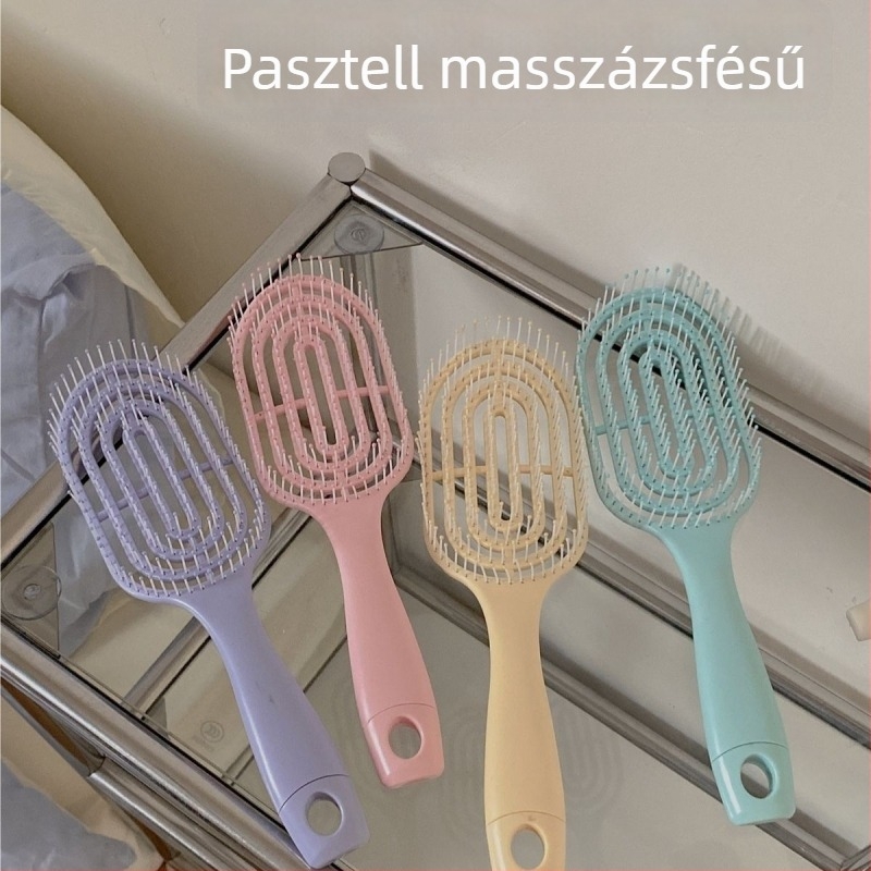 Macaron formájú hajmasszírozó fésű, hátsó rész üreges, bordázott kialakítás, a haj egyenesítésére és göndörítésére, puhán volumen, ABS, több mint 20 cm