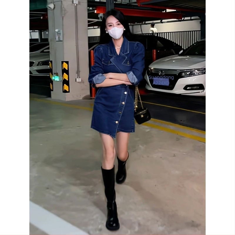 2025-ös új női hosszú ujjú denim ruha Hongkong-stílusú retró, elegáns, visszafogott minimalistus hangulat a kora őszre és a télre