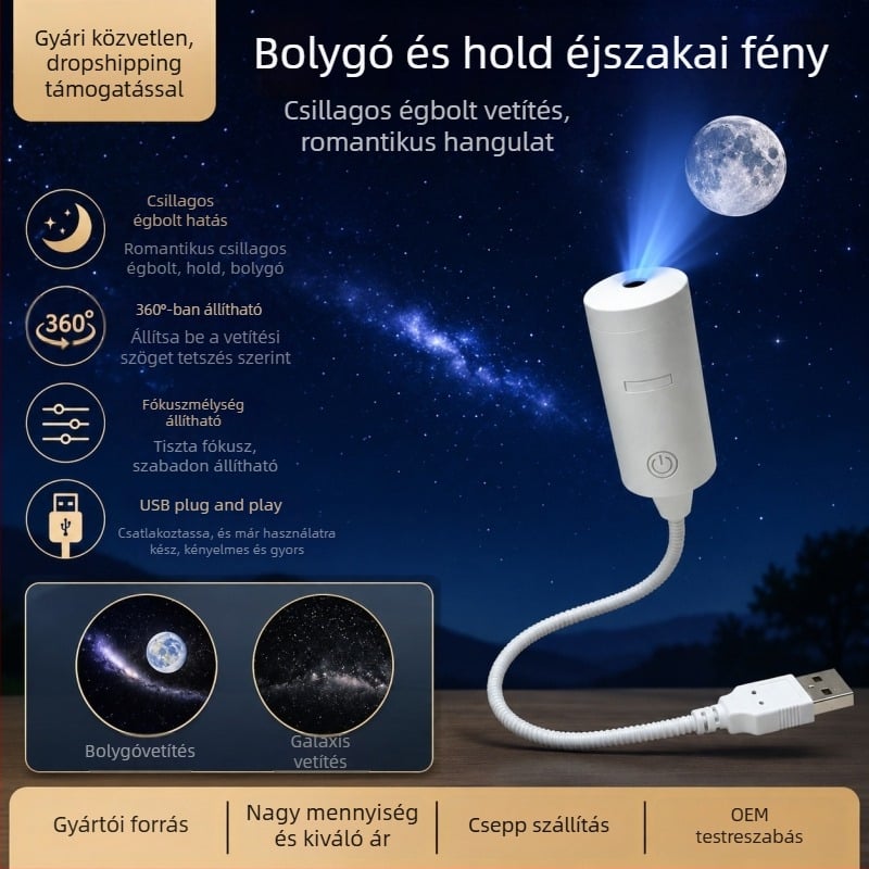 USB-tápellátású projektor éjszakai fény, cserélhető filmlencsével, csillag- és hold motívummal, kompakt autó környezeti világítás
