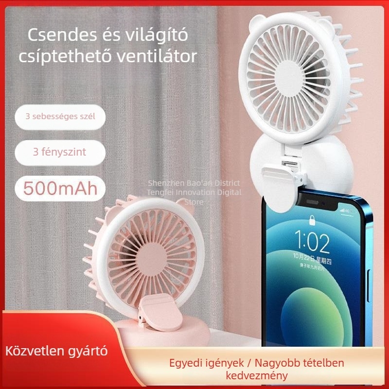 Kis USB-s ventilátor klip és világítással, összecsukható, nyakba akasztható