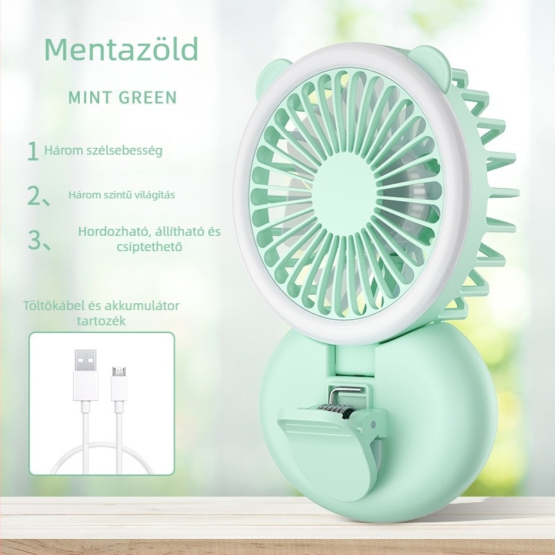 Kis USB-s ventilátor klip és világítással, összecsukható, nyakba akasztható