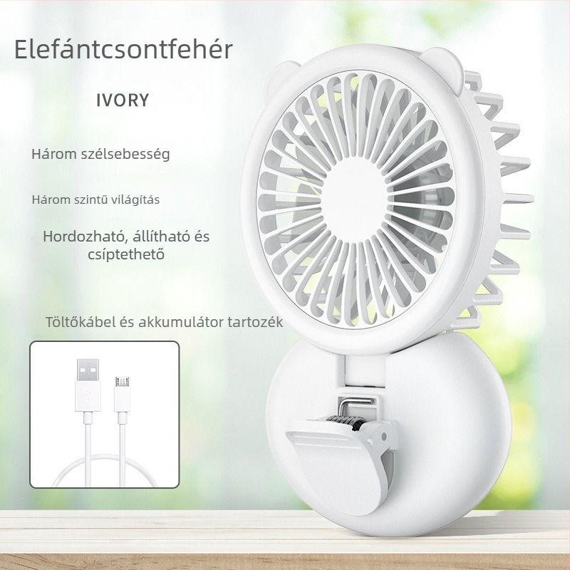 Kis USB-s ventilátor klip és világítással, összecsukható, nyakba akasztható