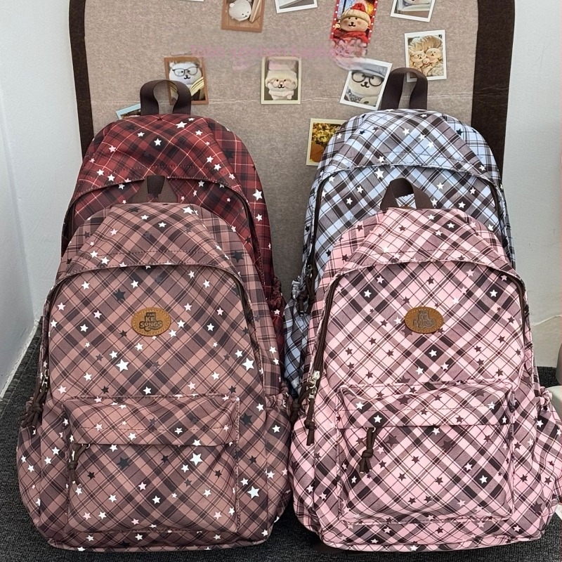 Női hátizsák kockás mintával és csillagnyomattal, koreai stílus, 20–35 L kapacitású, nejlon, 14 hüvelykes laptop kompatibilis